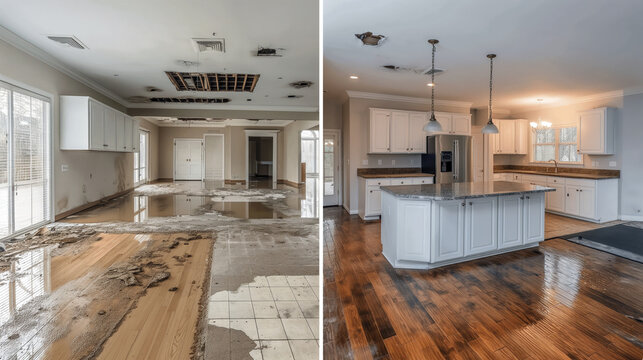 Before and after comparison of a fully restored property following water damage