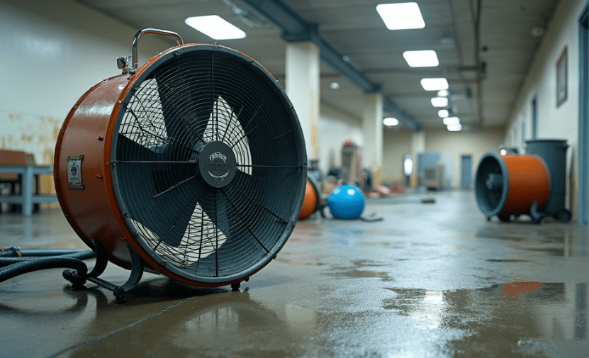 Industrial fans and dehumidifiers set up for structural drying in a commercial space